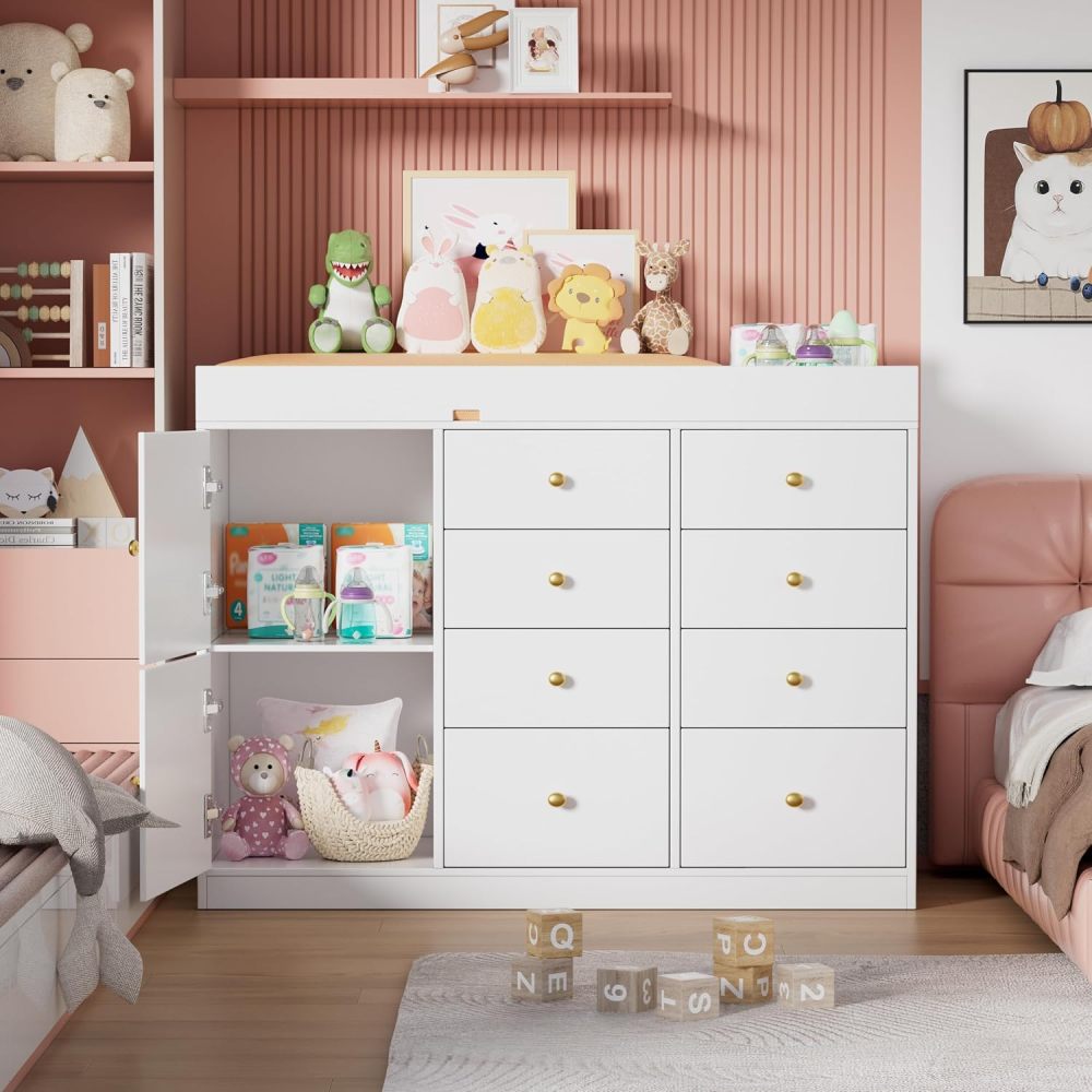 Baby Nursery Dresser Changing Table - Cómoda Clásica para Bebés con 8