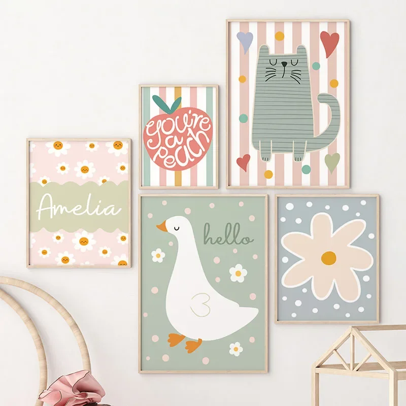 Baby Name Wall Art - Gato De dibujos animados, pato, pájaro,
