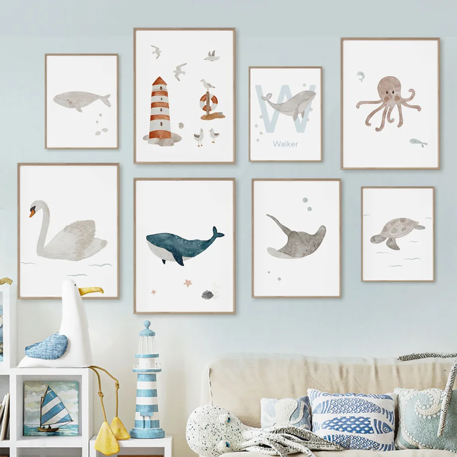 Baby Name Wall Art - Nombre personalizado ballena pulpo tortuga Cisne
